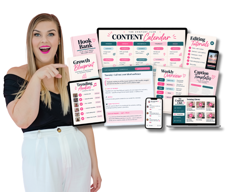 Everything included inside The Content Club: monthly content calendar, hook bank, growth blueprint, trending audios, caption templates, editing tutorials, weekly overview, training library and private community
