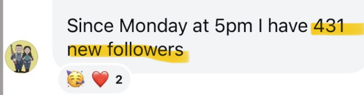 Instagram DM from a Content Club member: Since Monday at 5pm I have 431 new followers